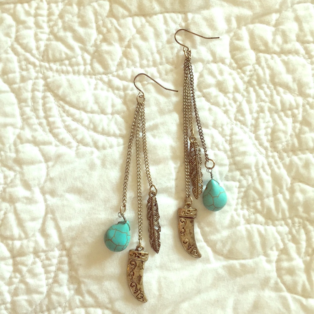 Fun Turquoise and Silver Feather Earrings